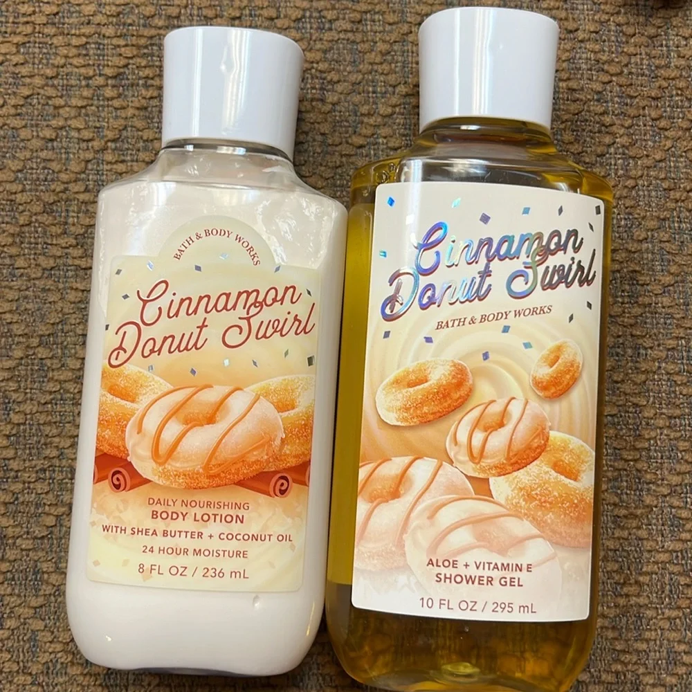 Bath and body cinnamon donut swirl body wash and lotion